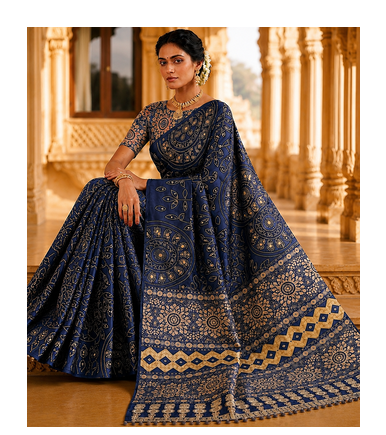 Navy Blue Color Fancy Big Mirror Embroidery Cut Work Lace Fitting With Bandhani Printing Creap Silk Saree 2