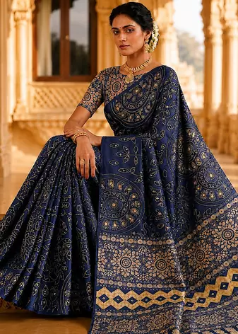 Navy Blue Color Fancy Big Mirror Embroidery Cut Work Lace Fitting With Bandhani Printing Creap Silk Saree