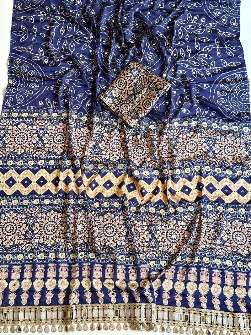 Navy Blue Color Fancy Big Mirror Embroidery Cut Work Lace Fitting With Bandhani Printing Creap Silk Saree