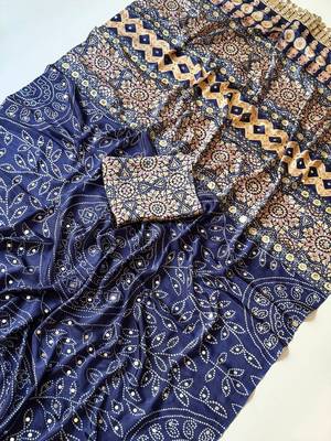 Navy Blue Color Fancy Big Mirror Embroidery Cut Work Lace Fitting With Bandhani Printing Creap Silk Saree 4
