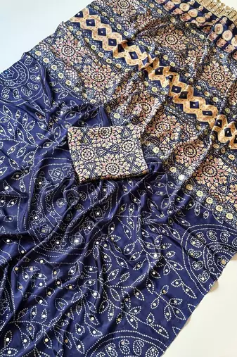 Navy Blue Color Fancy Big Mirror Embroidery Cut Work Lace Fitting With Bandhani Printing Creap Silk Saree