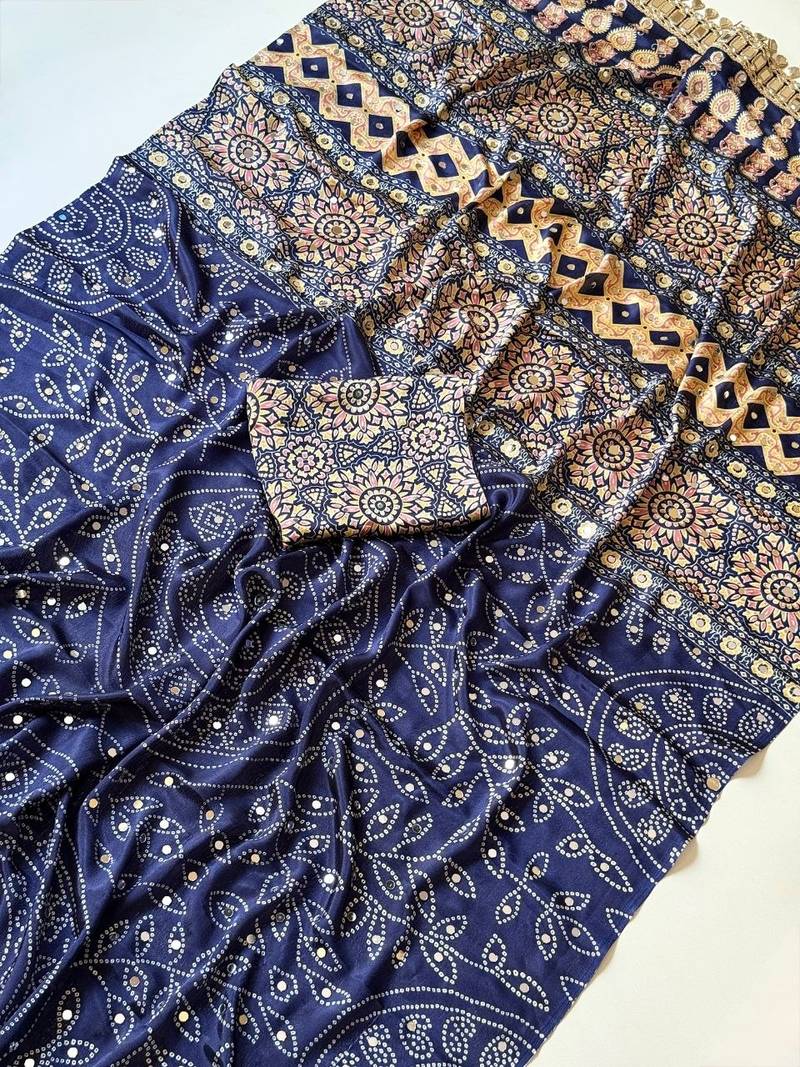 Navy Blue Color Fancy Big Mirror Embroidery Cut Work Lace Fitting With Bandhani Printing Creap Silk Saree