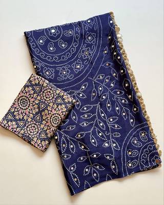 Navy Blue Color Fancy Big Mirror Embroidery Cut Work Lace Fitting With Bandhani Printing Creap Silk Saree 5