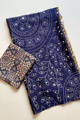 Navy Blue Color Fancy Big Mirror Embroidery Cut Work Lace Fitting With Bandhani Printing Creap Silk Saree