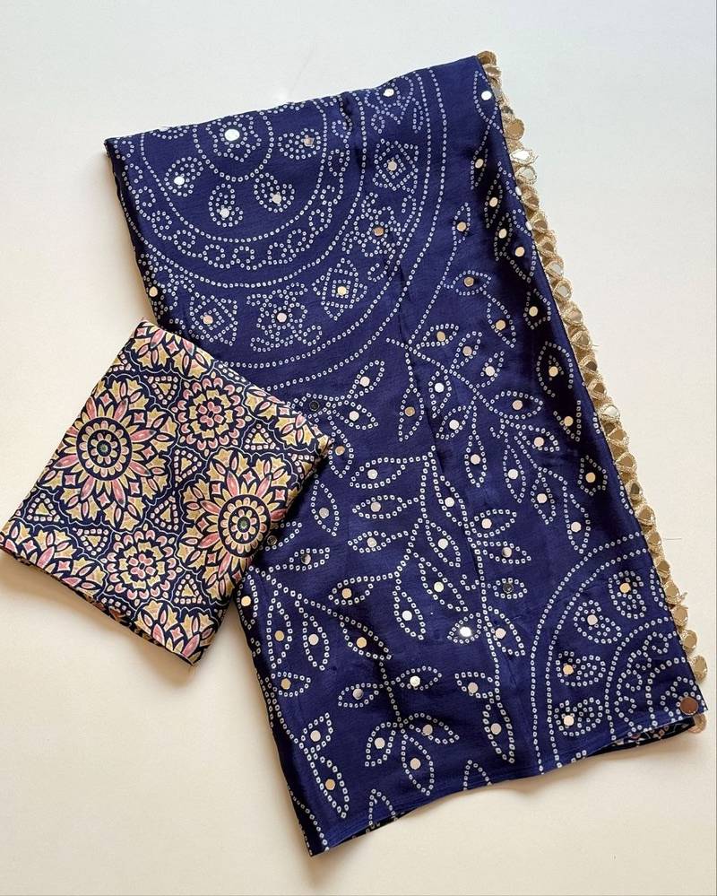 Navy Blue Color Fancy Big Mirror Embroidery Cut Work Lace Fitting With Bandhani Printing Creap Silk Saree