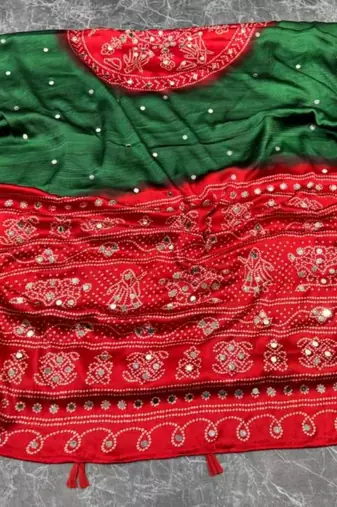 Green silk embroidered mirror work heavy look ethnic saree with blouse