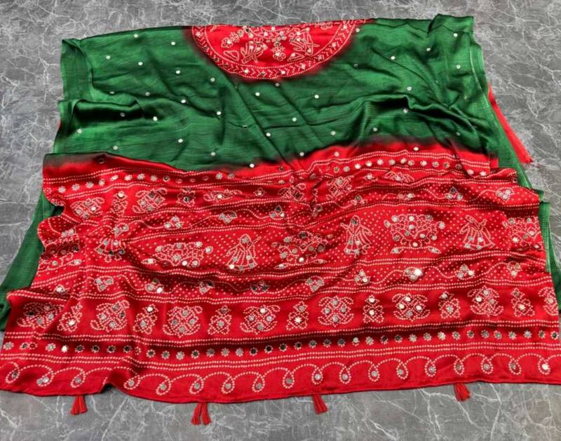 Green silk embroidered mirror work heavy look ethnic saree with blouse