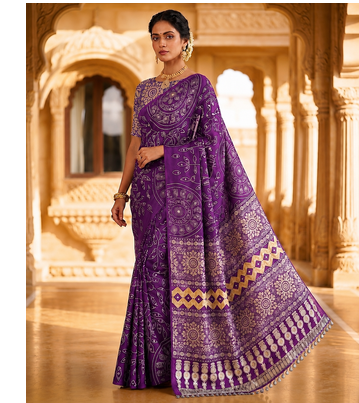 Purple Color Fancy Big Mirror Embroidery Cut Work Lace Fitting With Bandhani Printing Creap Silk Saree 1