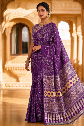 Purple Fancy Big Mirror Embroidery Cut Lace Fitting With Bandhani Printing Creap Silk Saree
