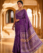 Purple Color Fancy Big Mirror Embroidery Cut Work Lace Fitting With Bandhani Printing Creap Silk Saree