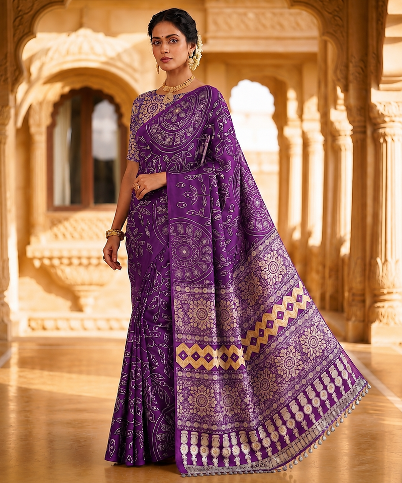 Purple Color Fancy Big Mirror Embroidery Cut Work Lace Fitting With Bandhani Printing Creap Silk Saree