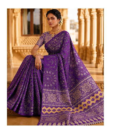 Purple Color Fancy Big Mirror Embroidery Cut Work Lace Fitting With Bandhani Printing Creap Silk Saree 2