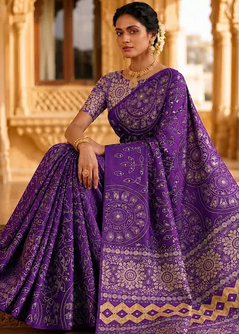 Purple Color Fancy Big Mirror Embroidery Cut Work Lace Fitting With Bandhani Printing Creap Silk Saree