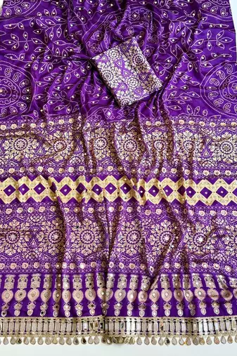 Purple Color Fancy Big Mirror Embroidery Cut Work Lace Fitting With Bandhani Printing Creap Silk Saree