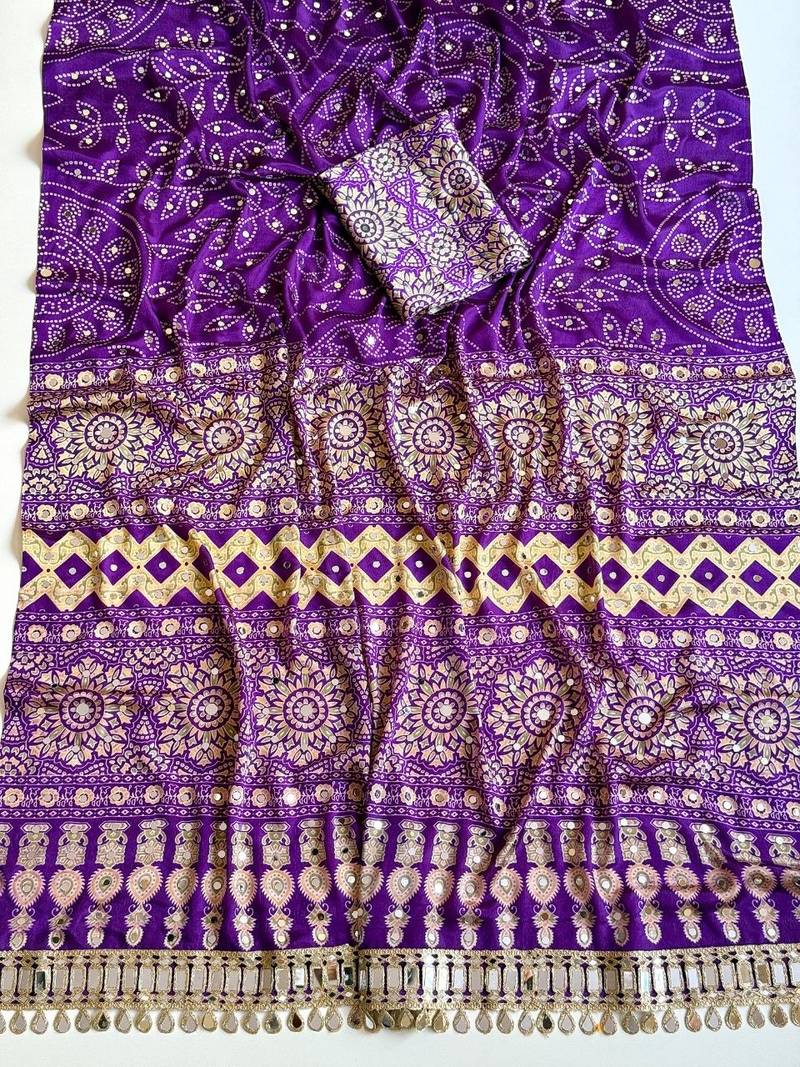 Purple Color Fancy Big Mirror Embroidery Cut Work Lace Fitting With Bandhani Printing Creap Silk Saree
