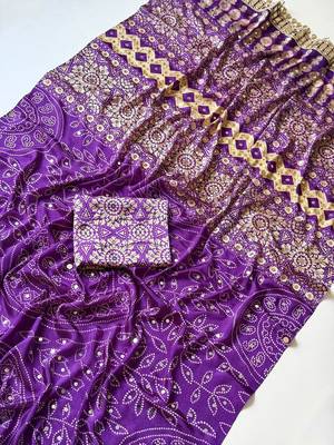 Purple Color Fancy Big Mirror Embroidery Cut Work Lace Fitting With Bandhani Printing Creap Silk Saree 4