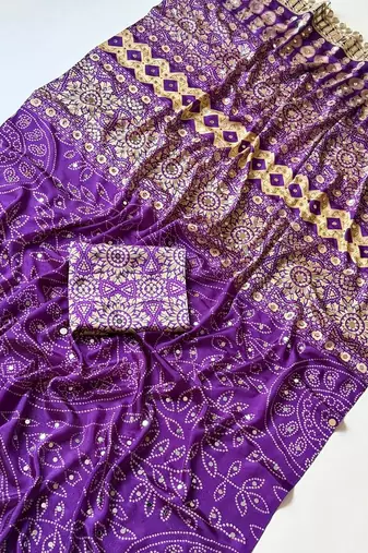Purple Color Fancy Big Mirror Embroidery Cut Work Lace Fitting With Bandhani Printing Creap Silk Saree
