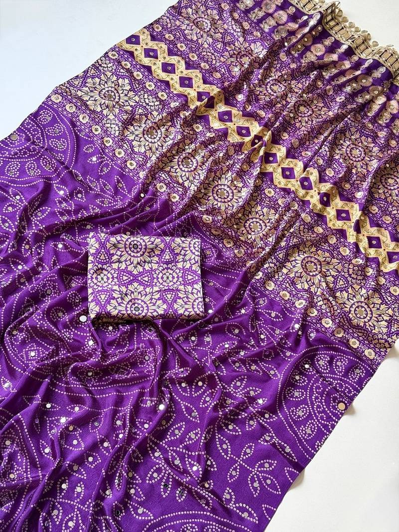 Purple Color Fancy Big Mirror Embroidery Cut Work Lace Fitting With Bandhani Printing Creap Silk Saree
