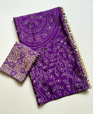 Purple Color Fancy Big Mirror Embroidery Cut Work Lace Fitting With Bandhani Printing Creap Silk Saree 5