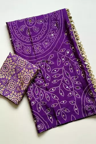 Purple Color Fancy Big Mirror Embroidery Cut Work Lace Fitting With Bandhani Printing Creap Silk Saree