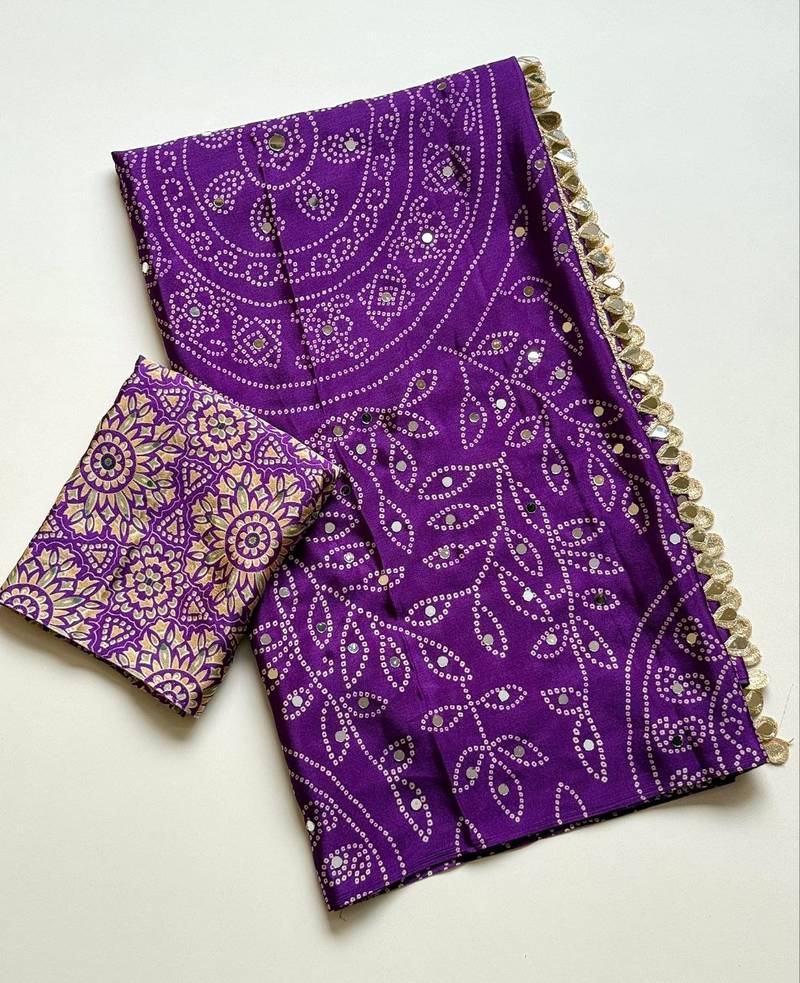 Purple Color Fancy Big Mirror Embroidery Cut Work Lace Fitting With Bandhani Printing Creap Silk Saree