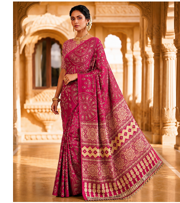 Rani Pink Color Fancy Big Mirror Embroidery Cut Work Lace Fitting With Bandhani Printing Creap Silk Saree 1