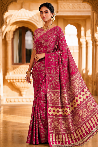 Rani Pink Fancy Big Mirror Embroidery Cut Lace Fitting With Bandhani Printing Creap Silk Saree