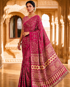 Rani Pink Color Fancy Big Mirror Embroidery Cut Work Lace Fitting With Bandhani Printing Creap Silk Saree