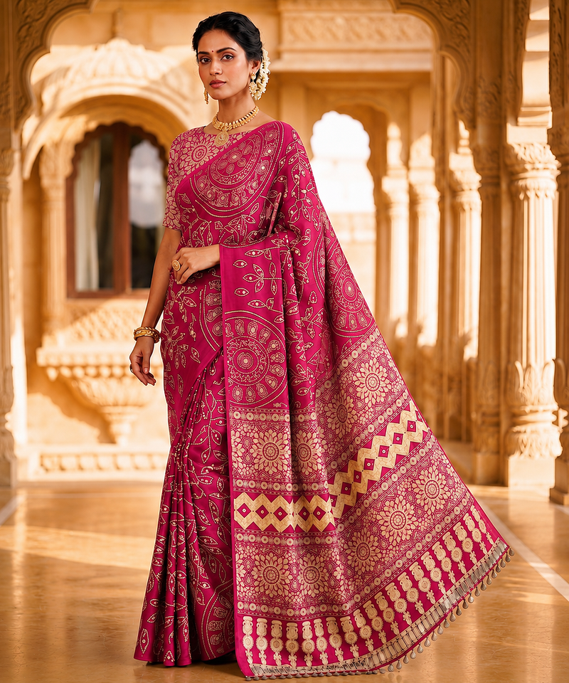 Rani Pink Color Fancy Big Mirror Embroidery Cut Work Lace Fitting With Bandhani Printing Creap Silk Saree