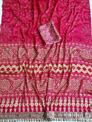 Rani Pink Color Fancy Big Mirror Embroidery Cut Work Lace Fitting With Bandhani Printing Creap Silk Saree 2