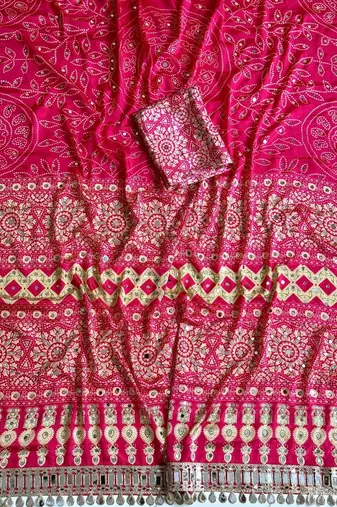 Rani Pink Color Fancy Big Mirror Embroidery Cut Work Lace Fitting With Bandhani Printing Creap Silk Saree