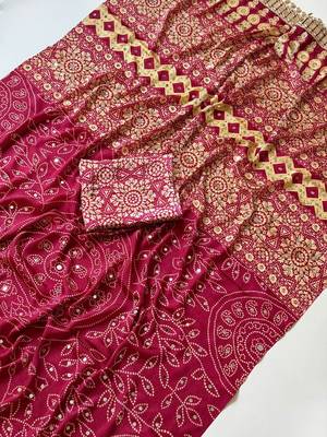 Rani Pink Color Fancy Big Mirror Embroidery Cut Work Lace Fitting With Bandhani Printing Creap Silk Saree 3