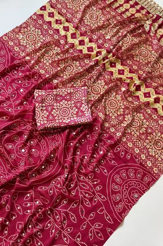 Rani Pink Color Fancy Big Mirror Embroidery Cut Work Lace Fitting With Bandhani Printing Creap Silk Saree
