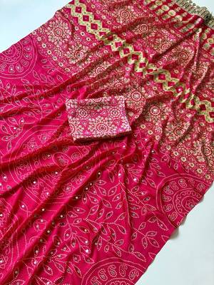 Rani Pink Color Fancy Big Mirror Embroidery Cut Work Lace Fitting With Bandhani Printing Creap Silk Saree 4