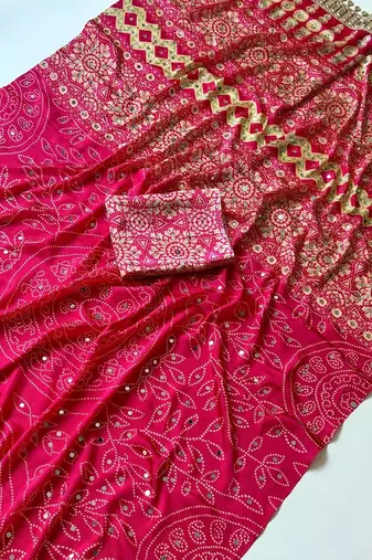 Rani Pink Color Fancy Big Mirror Embroidery Cut Work Lace Fitting With Bandhani Printing Creap Silk Saree