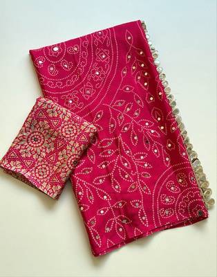 Rani Pink Color Fancy Big Mirror Embroidery Cut Work Lace Fitting With Bandhani Printing Creap Silk Saree 5