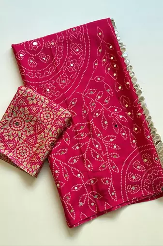 Rani Pink Color Fancy Big Mirror Embroidery Cut Work Lace Fitting With Bandhani Printing Creap Silk Saree