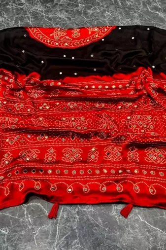 Black silk embroidered mirror work heavy look ethnic saree with blouse