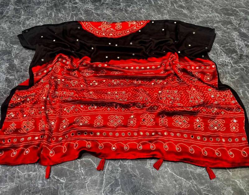Black silk embroidered mirror work heavy look ethnic saree with blouse