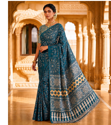 Teal Color Fancy Big Mirror Embroidery Cut Work Lace Fitting With Bandhani Printing Creap Silk Saree 1