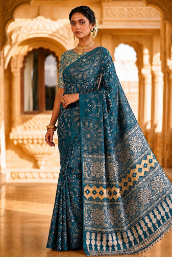 Teal Color Fancy Big Mirror Embroidery Cut Work Lace Fitting With Bandhani Printing Creap Silk Saree