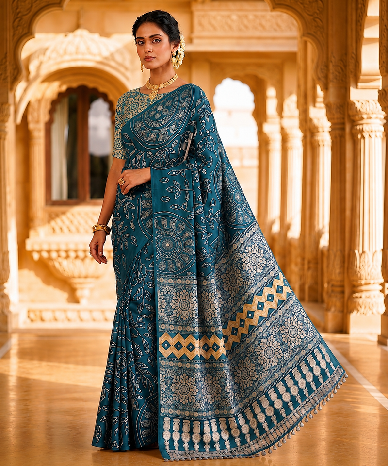 Teal Color Fancy Big Mirror Embroidery Cut Work Lace Fitting With Bandhani Printing Creap Silk Saree