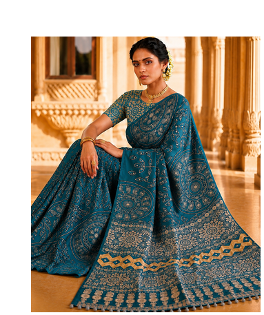 Teal Color Fancy Big Mirror Embroidery Cut Work Lace Fitting With Bandhani Printing Creap Silk Saree 2