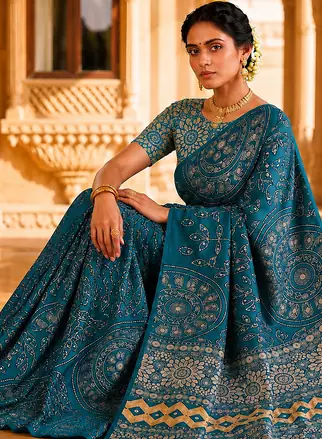 Teal Color Fancy Big Mirror Embroidery Cut Work Lace Fitting With Bandhani Printing Creap Silk Saree
