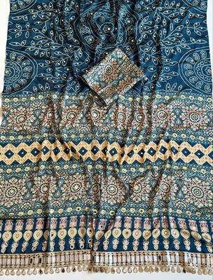 Teal Color Fancy Big Mirror Embroidery Cut Work Lace Fitting With Bandhani Printing Creap Silk Saree 3