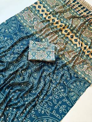Teal Color Fancy Big Mirror Embroidery Cut Work Lace Fitting With Bandhani Printing Creap Silk Saree 4