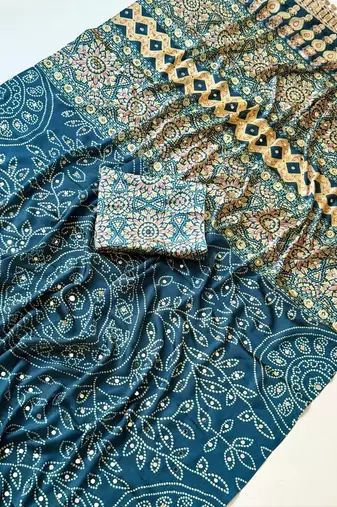 Teal Color Fancy Big Mirror Embroidery Cut Work Lace Fitting With Bandhani Printing Creap Silk Saree