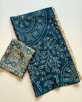 Teal Color Fancy Big Mirror Embroidery Cut Work Lace Fitting With Bandhani Printing Creap Silk Saree 5
