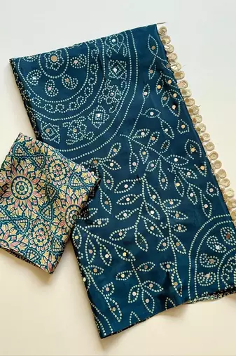 Teal Color Fancy Big Mirror Embroidery Cut Work Lace Fitting With Bandhani Printing Creap Silk Saree