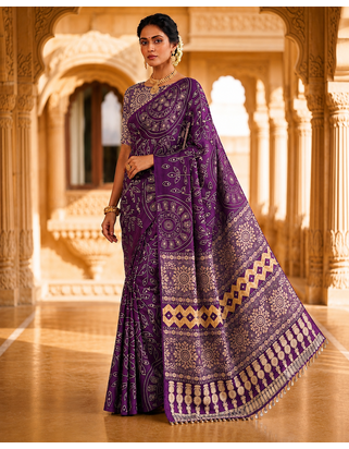 Violet Color Fancy Big Mirror Embroidery Cut Work Lace Fitting With Bandhani Printing Creap Silk Saree 1
